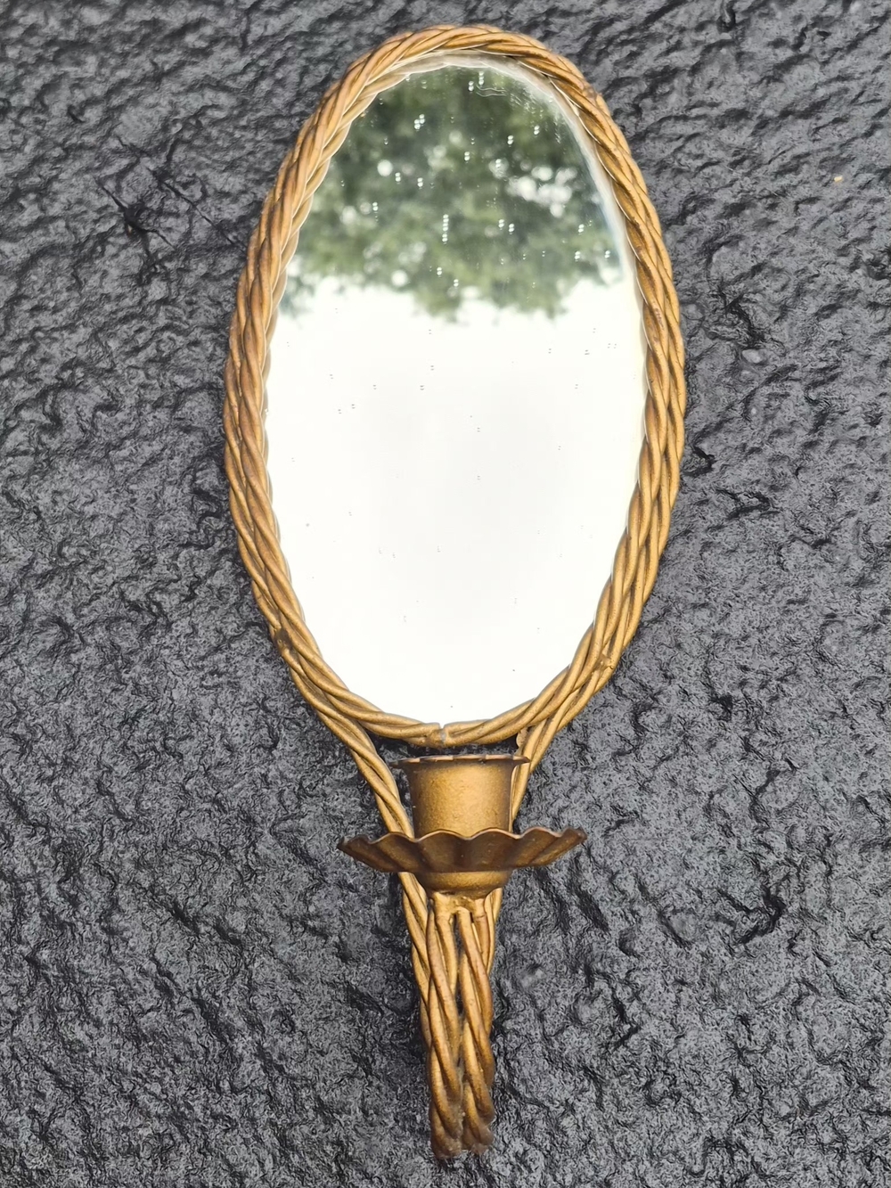 Vintage Oval Hand Mirror with Braided Frame - Gold Tone